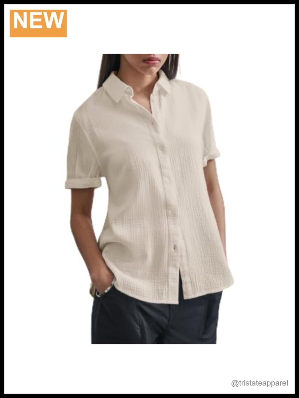 100% Cotton Double Crepe Gauze Rolled Short Sleeve Button Front Shirt